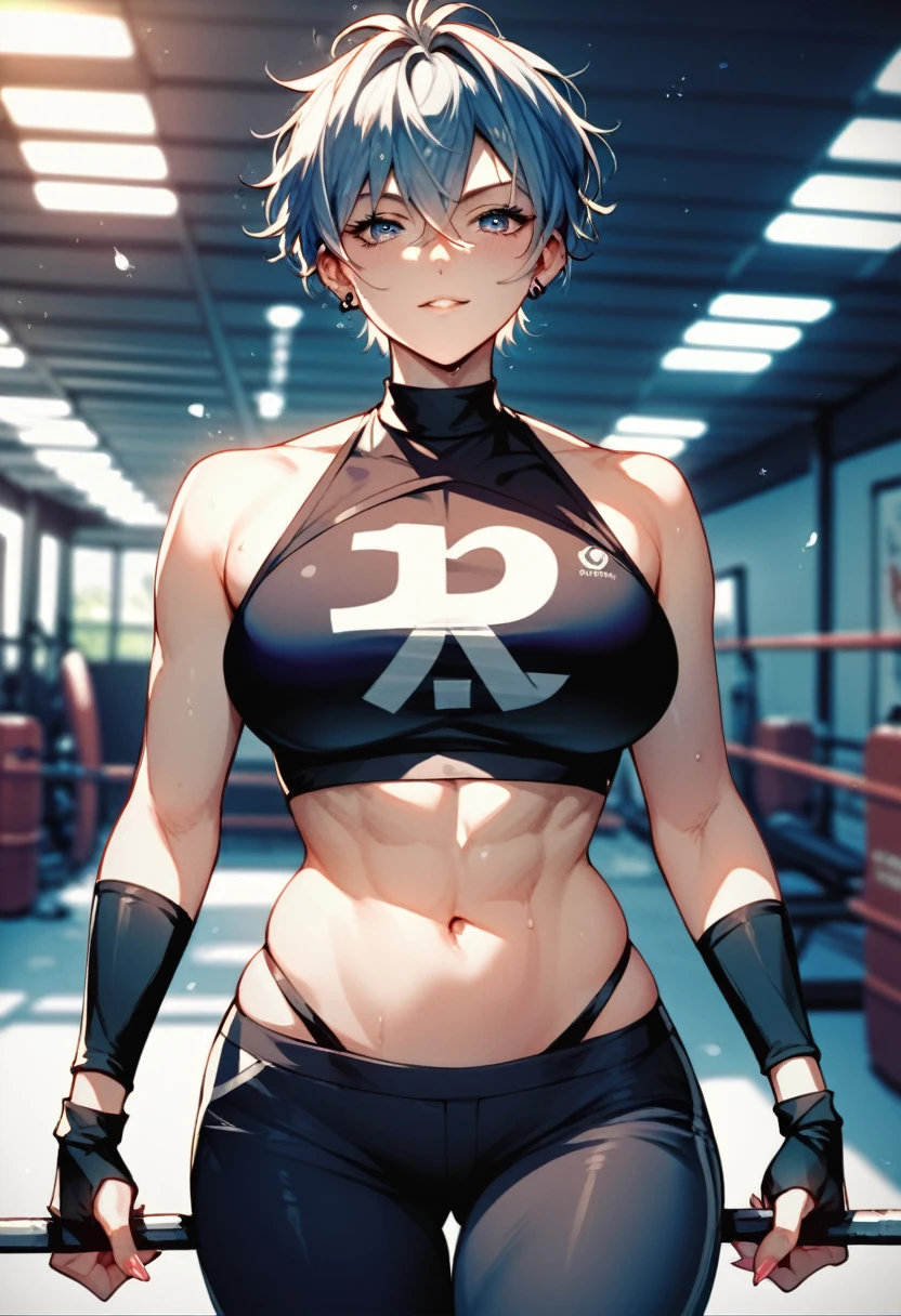 2D anime picture, (anime style 1), single female arrogant boxer, 20 years old, sadistic, Japanese, pretty haircut, в сексуальном боксёрском наряде with high neck crop top, in short sport pants, in MMA gloves stands near the boxing ring, in empty gym, night