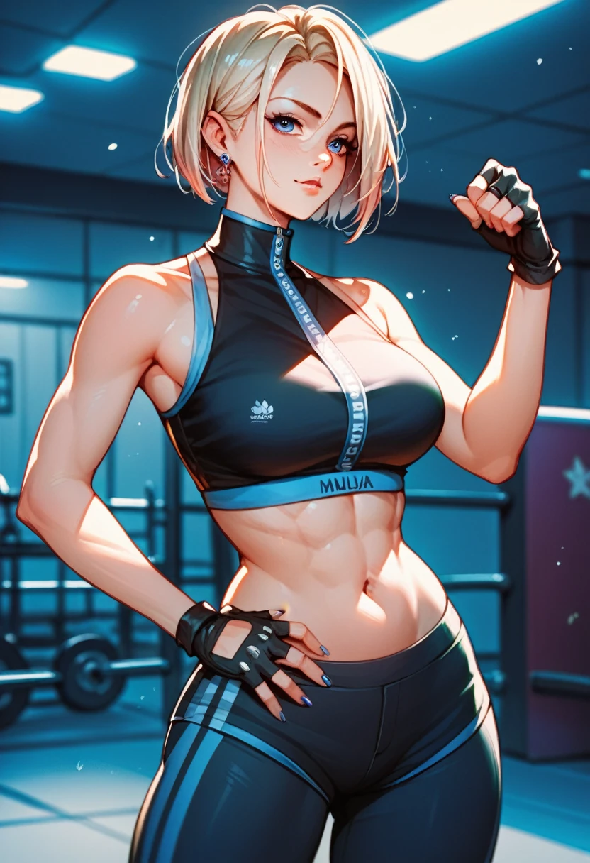  2D anime picture, (anime style 1), single female arrogant boxer, 20 years old, sadistic, Japanese, pretty haircut, в сексуальном боксёрском наряде with high neck crop top, in short sport pants, in MMA gloves stands near the boxing ring, in empty gym, night 