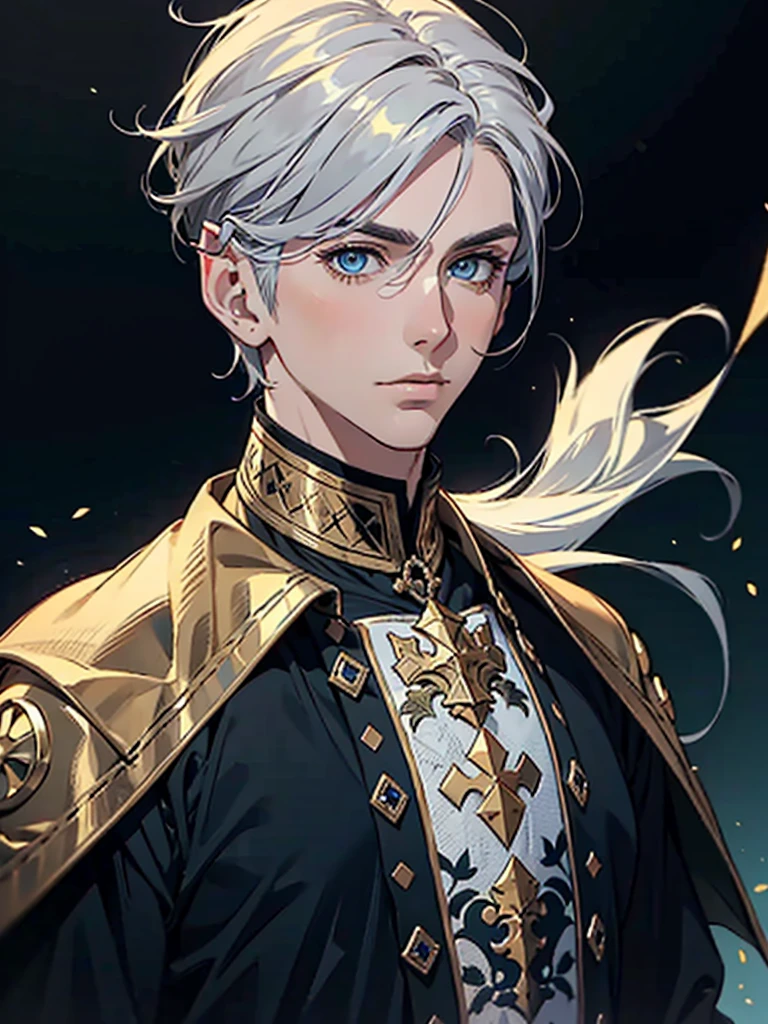 Elf Man, Guy with Gray hair, male, blue eyes, standing, medieval dress looking at viewer, digital art, masterpiece, sharp, black background, close look, no background, portrait,