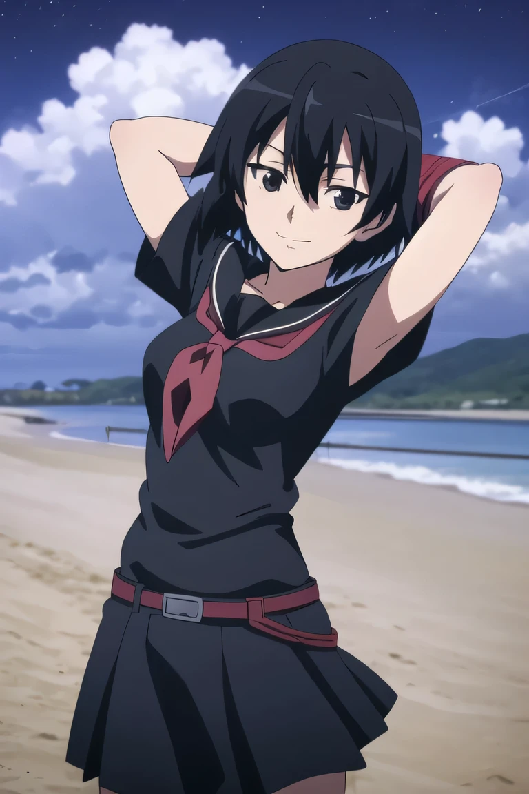 agkkurome, kurome, short hair, black hair, (black eyes:1.3), hair between eyes,
BREAK skirt, , serafuku, belt, black serafuku, short sleeves, belt, black skirt, neckerchief, red neckerchief,
 closed mouth, solo, (cowboy shot:1.5), night sky, beach, arms behind head, {contrapposto}, spread armpits, shy smile, looking at viewer, best quality,