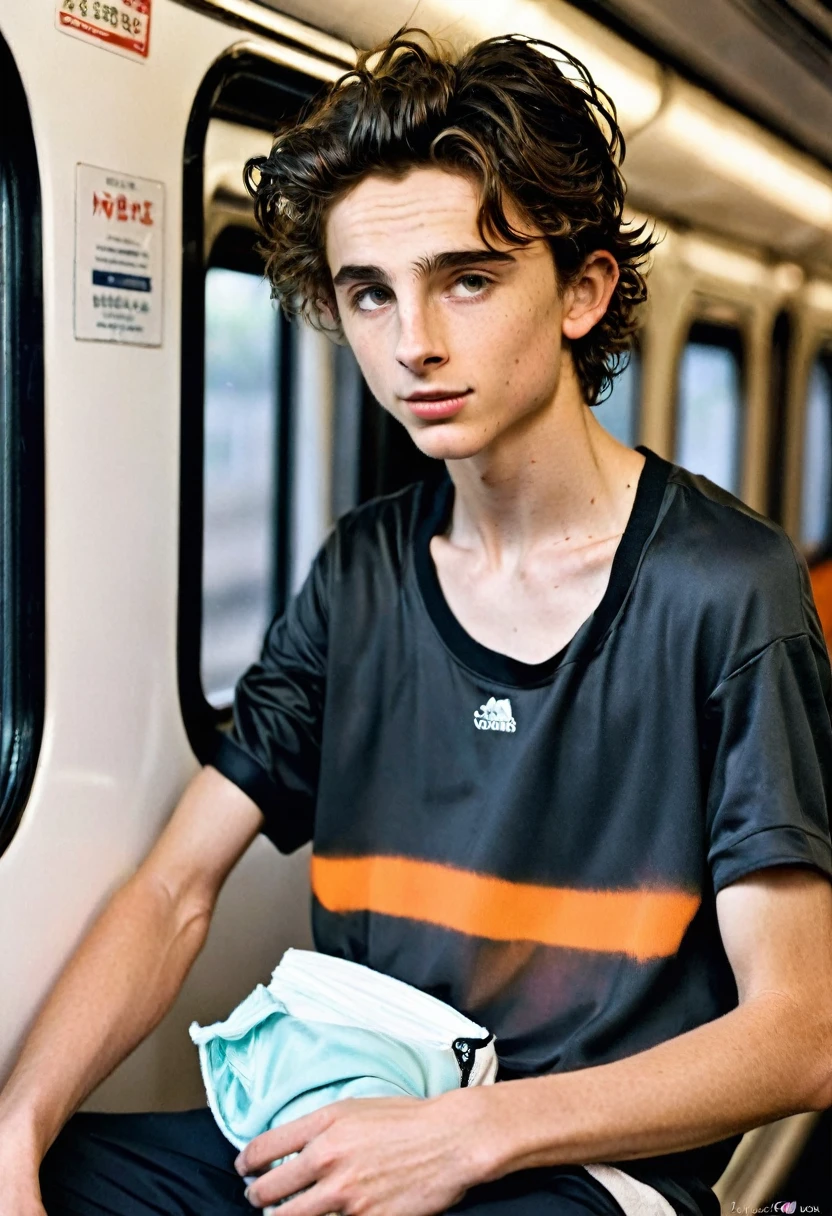 Timothée Chalamet, sweaty teen boy, in the train, in japanese train, no clothing, far from camera, whole body, braces, age 19, wavy tiktok hair, boxer, bare feet, wearing no t-shirt topless, japanese train, short fine armpit hair, flexing, veiny arms, cute, tall, lean, not muscular, wispy pubes, muscular teen boy masterpiece, high resolution, feet visible, no shoes, very dirty feet, skinny, tall, foot fetish, tall boy, teen boy, braces, best quality, sticky armpit hair, sticky, glue on floor, wet floor, sticky clothes, drops on underwear, drops on shorts, sticky on shorts, drops on floor, sweaty face, sweaty hair, Dune by Herbert, Science fiction