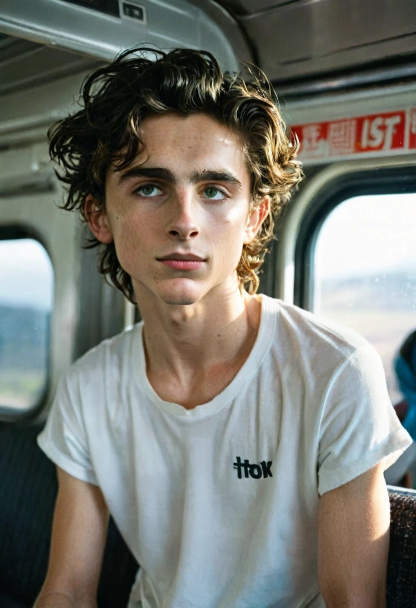 Timothée Chalamet, sweaty teen boy, in the train, in japanese train, no clothing, far from camera, whole body, braces, age 19, wavy tiktok hair, boxer, bare feet, wearing no t-shirt topless, japanese train, short fine armpit hair, flexing, veiny arms, cute, tall, lean, not muscular, wispy pubes, muscular teen boy masterpiece, high resolution, feet visible, no shoes, very dirty feet, skinny, tall, foot fetish, tall boy, teen boy, braces, best quality, sticky armpit hair, sticky, glue on floor, wet floor, sticky clothes, drops on underwear, drops on shorts, sticky on shorts, drops on floor, sweaty face, sweaty hair, Dune by Herbert, Science fiction