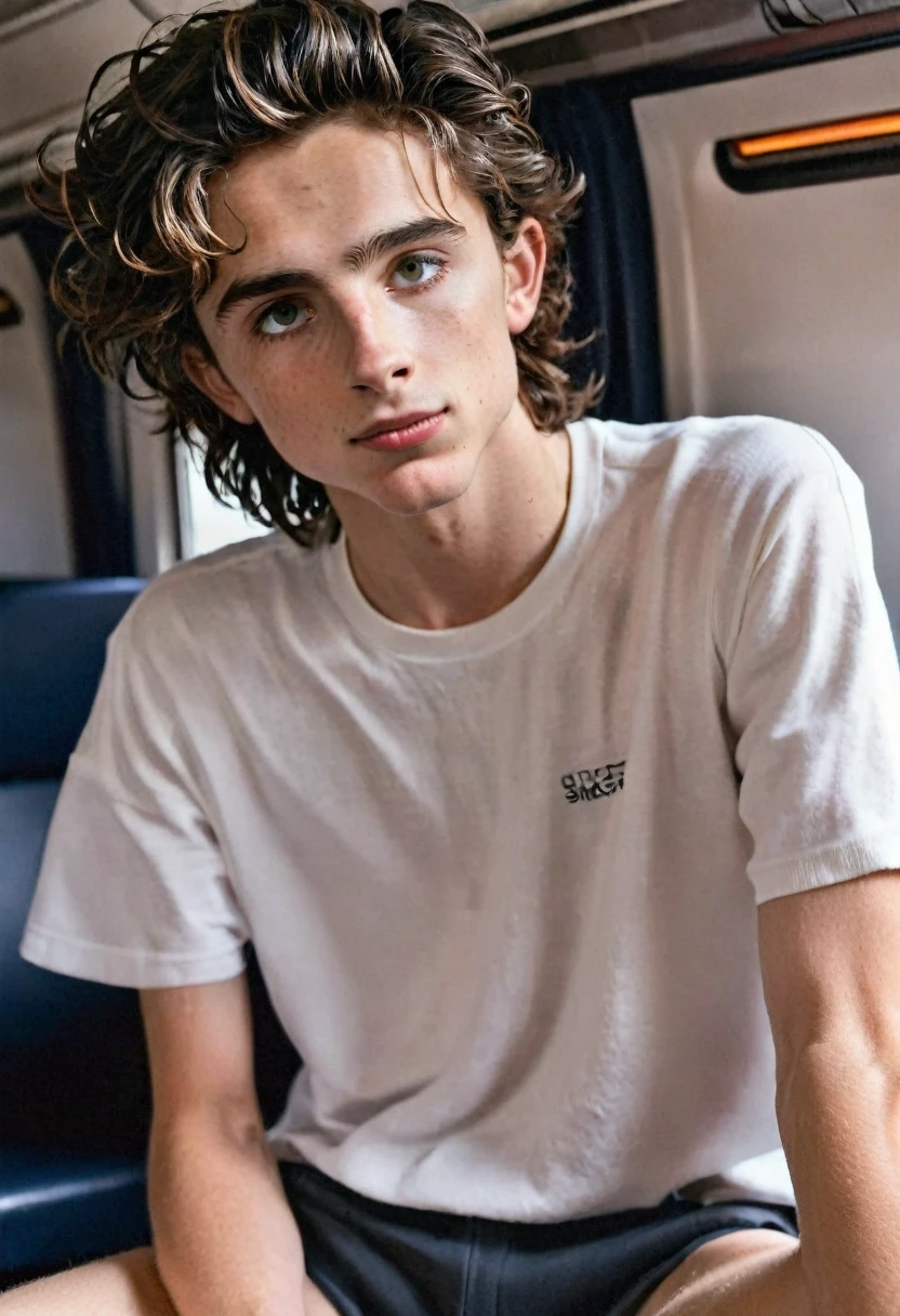 Timothée Chalamet, sweaty teen boy, in the train, in japanese train, no clothing, far from camera, whole body, braces, age 19, wavy tiktok hair, boxer, bare feet, wearing no t-shirt topless, japanese train, short fine armpit hair, flexing, veiny arms, cute, tall, lean, not muscular, wispy pubes, muscular teen boy masterpiece, high resolution, feet visible, no shoes, very dirty feet, skinny, tall, foot fetish, tall boy, teen boy, braces, best quality, sticky armpit hair, sticky, glue on floor, wet floor, sticky clothes, drops on underwear, drops on shorts, sticky on shorts, drops on floor, sweaty face, sweaty hair, Dune by Herbert, Science fiction