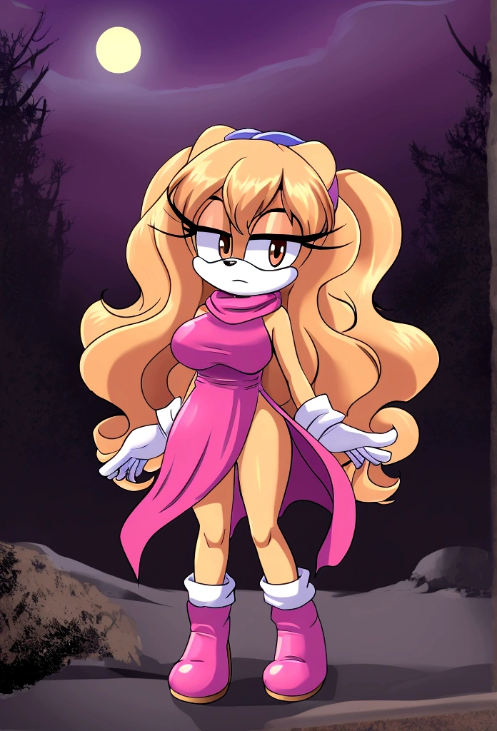 Adult Female, Mobian, Rabbit, Cream the Rabbit, sonic the hedgehog \(series\), rabbit girl, ((solo)), ((1girl)), ((hairstyles, long wavy hair with curtain side bangs, similar to Maria)), brown eyes, serious, young adult, dd cups sized breasts, hair on top of shoulders, long peach hair color that’s is wavy, wearing a blue anime styled scarf, wearing a red one piece, knee length tights, black boots, white gloves, in a dark apocalypse