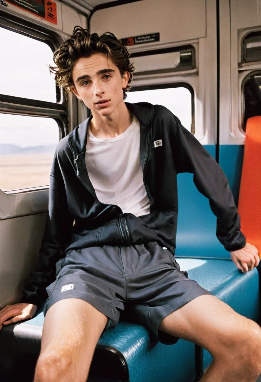 Timothée Chalamet, sweaty teen boy, in the train, in japanese train, no clothing, far from camera, whole body, braces, age 19, wavy tiktok hair, boxer, bare feet, wearing no t-shirt topless, japanese train, short fine armpit hair, flexing, veiny arms, cute, tall, lean, not muscular, wispy pubes, muscular teen boy masterpiece, high resolution, feet visible, no shoes, very dirty feet, skinny, tall, foot fetish, tall boy, teen boy, braces, best quality, sticky armpit hair, sticky, glue on floor, wet floor, sticky clothes, drops on underwear, drops on shorts, sticky on shorts, drops on floor, sweaty face, sweaty hair, Dune by Herbert, Science fiction