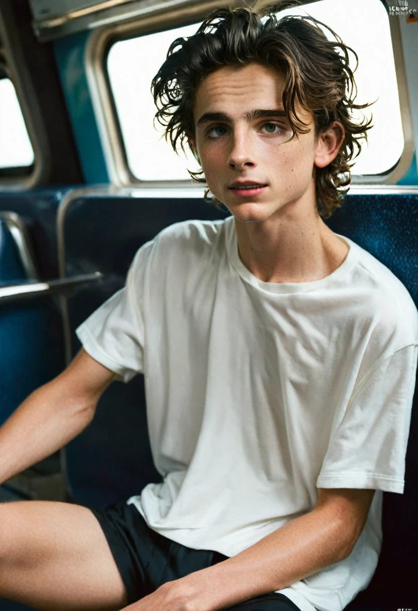 Timothée Chalamet, sweaty teen boy, in the train, in japanese train, no clothing, far from camera, whole body, braces, age 19, wavy tiktok hair, boxer, bare feet, wearing no t-shirt topless, japanese train, short fine armpit hair, flexing, veiny arms, cute, tall, lean, not muscular, wispy pubes, muscular teen boy masterpiece, high resolution, feet visible, no shoes, very dirty feet, skinny, tall, foot fetish, tall boy, teen boy, braces, best quality, sticky armpit hair, sticky, glue on floor, wet floor, sticky clothes, drops on underwear, drops on shorts, sticky on shorts, drops on floor, sweaty face, sweaty hair, Dune by Herbert, Science fiction