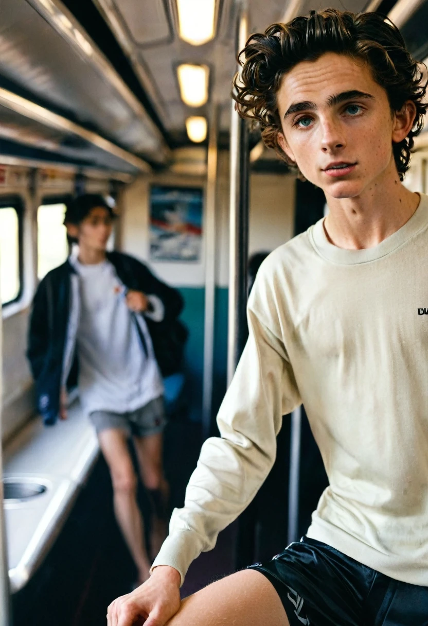 Timothée Chalamet, sweaty teen boy, in the train, in japanese train, no clothing, far from camera, whole body, braces, age 19, wavy tiktok hair, boxer, bare feet, wearing no t-shirt topless, japanese train, short fine armpit hair, flexing, veiny arms, cute, tall, lean, not muscular, wispy pubes, muscular teen boy masterpiece, high resolution, feet visible, no shoes, very dirty feet, skinny, tall, foot fetish, tall boy, teen boy, braces, best quality, sticky armpit hair, sticky, glue on floor, wet floor, sticky clothes, drops on underwear, drops on shorts, sticky on shorts, drops on floor, sweaty face, sweaty hair, Dune by Herbert, Science fiction