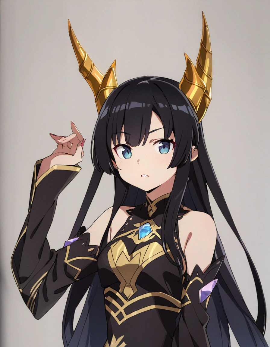 A dragon girl with a crystal horn　golden horn　Black Hair