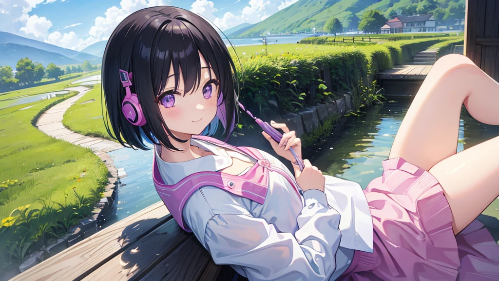 Masterpiece、Beautiful light、landscape、pastel colour、dream-like、I put on headphones、pretty girl、Black Hair、Bob Hair、Droopy eyes、Purple eyes、smile、Happy、Melon Soda、Summer Scenery、Sparkling、