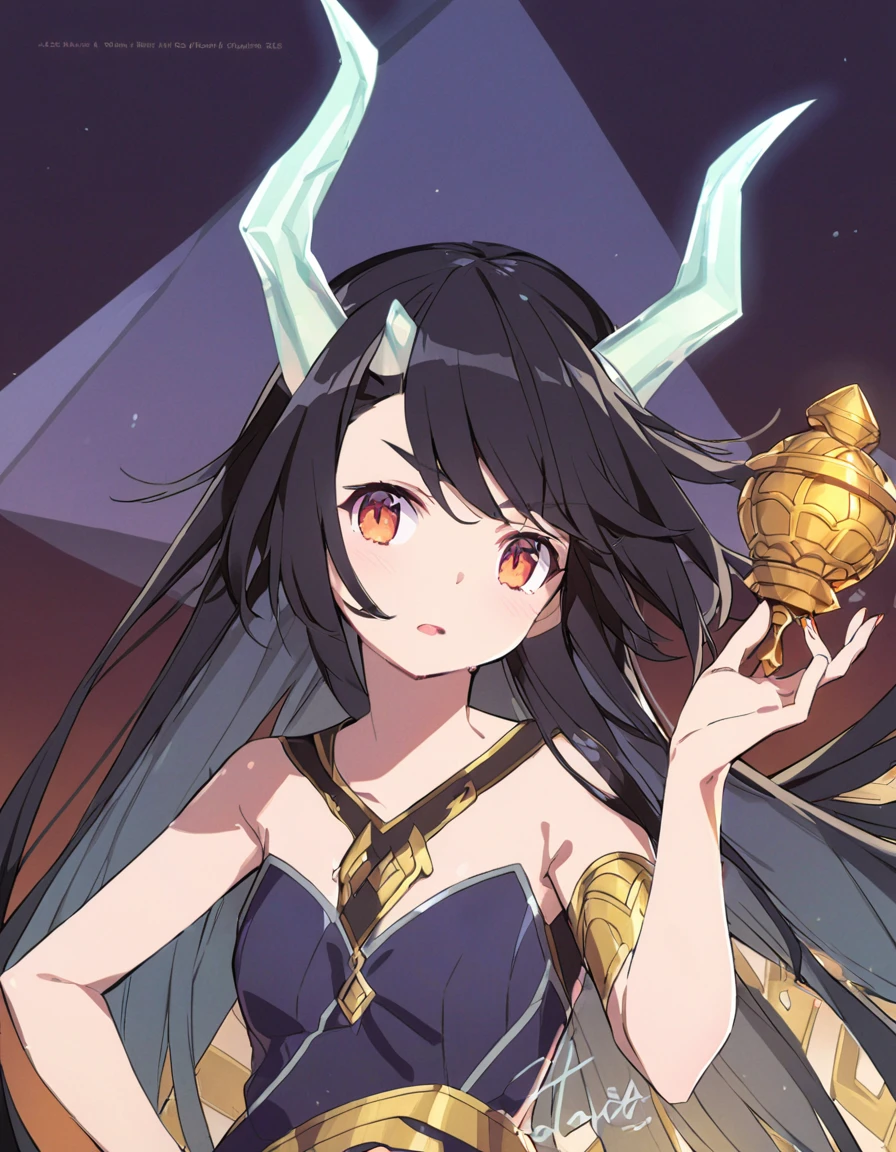 A dragon girl with a crystal horn golden horn Black Hair
