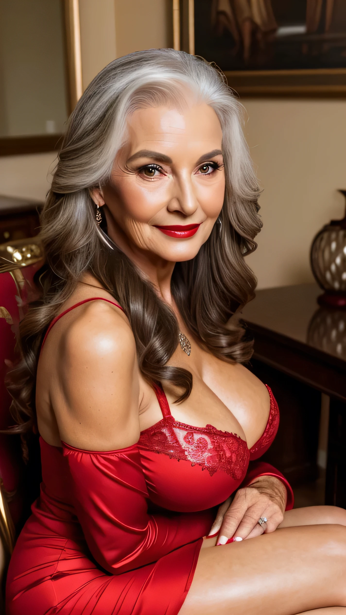 masterpiece, High resolution, Full body image,Written boundary depth, Beautiful mature woman, 80 years old, Long Hair,Face close-up, Red lipstick,In a beautiful red dress,Wearing tights, Sitting in a chair, Flashy makeup, Beautiful breasts, Beautiful Face, Perfect body