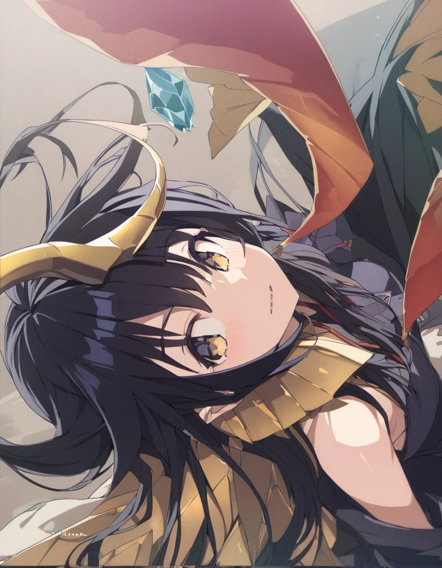 A dragon girl with a crystal horn　golden horn　Black Hair