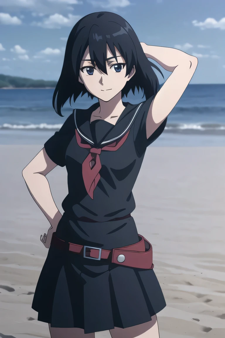 agkkurome, kurome, short hair, black hair, (black eyes:1.3), hair between eyes,
BREAK skirt, , serafuku, belt, black serafuku, short sleeves, belt, black skirt, neckerchief, red neckerchief,
 closed mouth, solo, (cowboy shot:1.5), night sky, beach, arm behind head, hand on hip, {contrapposto}, spread armpits, shy smile, looking at viewer, best quality,