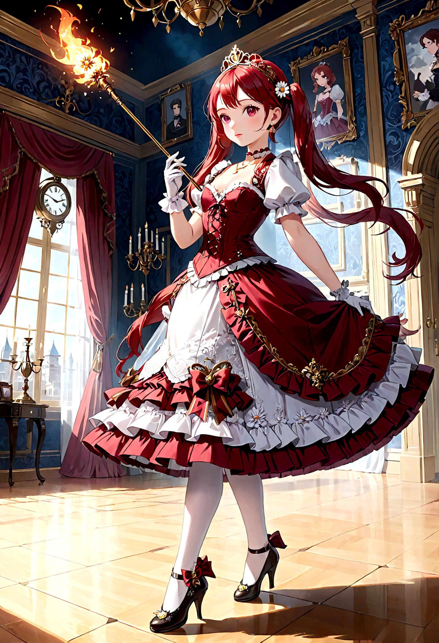 (best quality,4k,8k,highres,masterpiece:1.2),ultra-detailed, Pretty  princess, drawn in anime style, is cute and happy, long red pigtails hair, pink eyes, small breast, makeup and lipstick, steampunk, red and white ball gown with puffy sleeves, physically-based rendering,gorgeous frilly dress design,flowing gown,elaborate lace details,rich textures,contrast stitching,delicate ribbon bows,floral accents, daisy flowers embroidery, full skirt,short sleeves,fitted waistline,flared cuffs,lace-up back,luxurious fabrics,flawless silhouette, petticoat, bloomers, bustle, corset, hair ribbons, white elbow gloves, ruby earrings and necklace, gold tiara, high heels, wielding a fire magic wand, standing in castle bedroom, highly detailed, 4K.