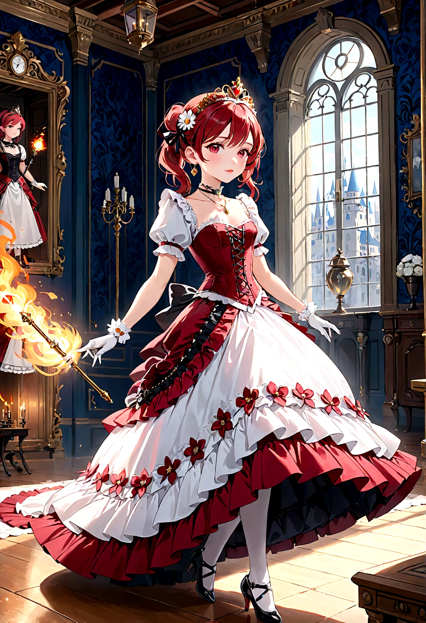 (best quality,4k,8k,highres,masterpiece:1.2),ultra-detailed, Pretty 15 years old princess, drawn in anime style, is cute and happy, long red pigtails hair, pink eyes, small breast, makeup and lipstick, steampunk, red and white ball gown with puffy sleeves, physically-based rendering,gorgeous frilly dress design,flowing gown,elaborate lace details,rich textures,contrast stitching,delicate ribbon bows,floral accents, daisy flowers embroidery, full skirt,short sleeves,fitted waistline,flared cuffs,lace-up back,luxurious fabrics,flawless silhouette, petticoat, bloomers, bustle, corset, hair ribbons, white elbow gloves, ruby earrings and necklace, gold tiara, high heels, wielding a fire magic wand, standing in castle bedroom, highly detailed, 4K.