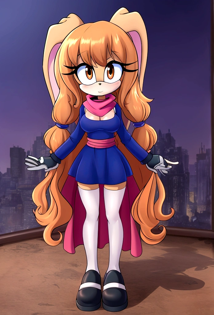 Adult Female, Mobian, Rabbit, Cream the Rabbit, sonic the hedgehog \(series\),  rabbit girl, ((solo)), ((1girl)), ((hairstyles, long wavy hair with curtain side bangs, similar to Maria)), brown eyes, serious, young adult, dd cups sized breasts, hair on top of shoulders, long peach hair color that’s is wavy, wearing a blue anime styled scarf, wearing a red one piece, knee length tights, black boots, white gloves, in a dark apocalypse 