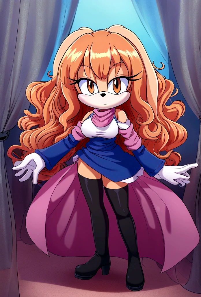 Adult Female, Mobian, Rabbit, Cream the Rabbit, sonic the hedgehog \(series\), rabbit girl, ((solo)), ((1girl)), ((hairstyles, long wavy hair with curtain side bangs, similar to Maria)), brown eyes, serious, young adult, dd cups sized breasts, hair on top of shoulders, long peach hair color that’s is wavy, wearing a blue anime styled scarf, wearing a red one piece, knee length tights, black boots, white gloves, in a dark apocalypse