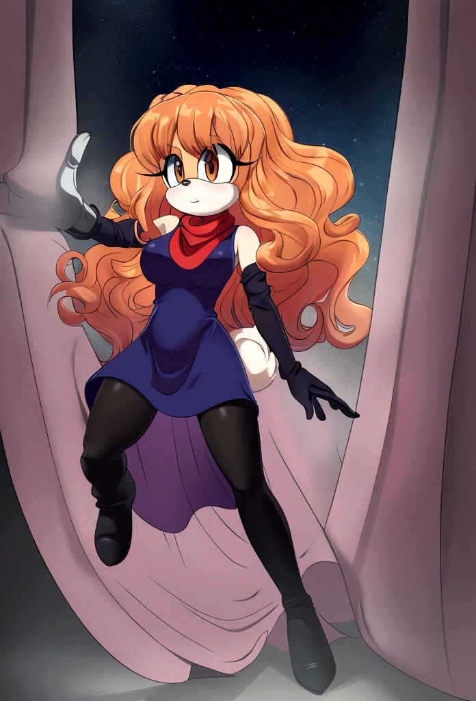 Adult Female, Mobian, Rabbit, Cream the Rabbit, sonic the hedgehog \(series\),  rabbit girl, ((solo)), ((1girl)), ((hairstyles, long wavy hair with curtain side bangs, similar to Maria)), brown eyes, serious, young adult, dd cups sized breasts, hair on top of shoulders, long peach hair color that’s is wavy, wearing a blue anime styled scarf, wearing a red one piece, knee length tights, black boots, white gloves, in a dark apocalypse 
