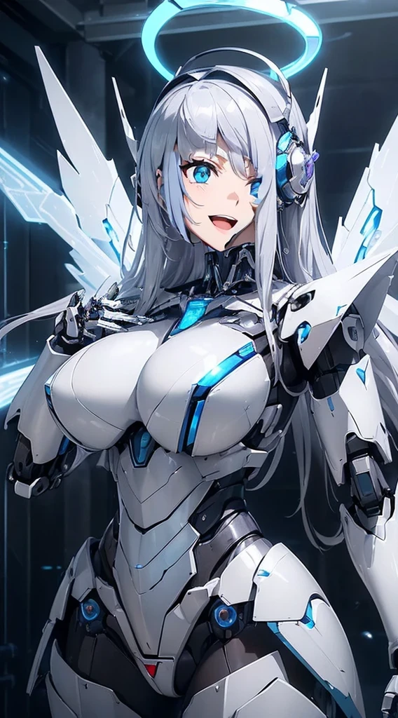 Blue shining mechanical eyes、Open your mouth、A kind smile