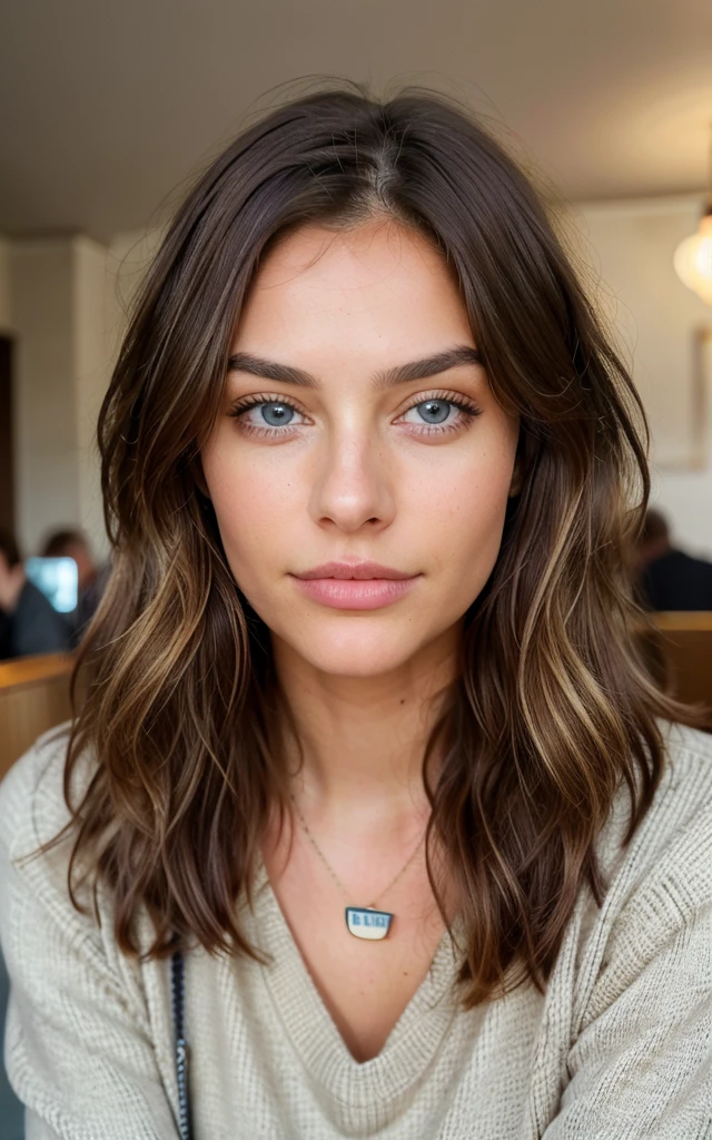 Beautiful brunette with blonde highlights wearing beige sweater (in a cafe drinking soda), Very detailed, 22 years old, innocent face, natural wavy hair, blue eyes, wavy hair, high resolution, masterpiece , best quality, intricate details, highly detailed, sharp focus, detailed skin, realistic skin texture, texture, detailed eyes, professional, 4k, charming smile, filmed on Canon, 85 millimeters, shallow depth of field, Kodak Vision Color , perfect fit body, Extremely detailed, photograph_\(ultra\), photorealistic, Realistic, Post-processing, Maximum details, roughness, real life, ultra realistic, photorealism, photography, 8K UHD, photography