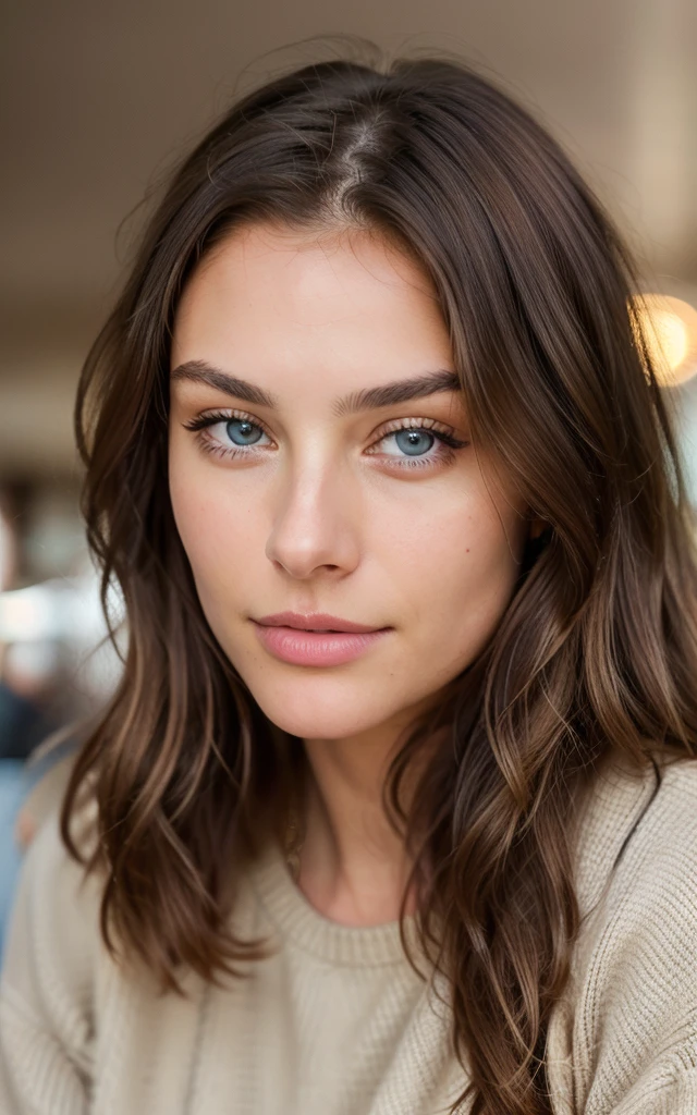 Beautiful brunette with blonde highlights wearing beige sweater (in a cafe drinking soda), Very detailed, 22 years old, innocent face, natural wavy hair, blue eyes, wavy hair, high resolution, masterpiece , best quality, intricate details, highly detailed, sharp focus, detailed skin, realistic skin texture, texture, detailed eyes, professional, 4k, charming smile, filmed on Canon, 85 millimeters, shallow depth of field, Kodak Vision Color , perfect fit body, Extremely detailed, photograph_\(ultra\), photorealistic, Realistic, Post-processing, Maximum details, roughness, real life, ultra realistic, photorealism, photography, 8K UHD, photography
