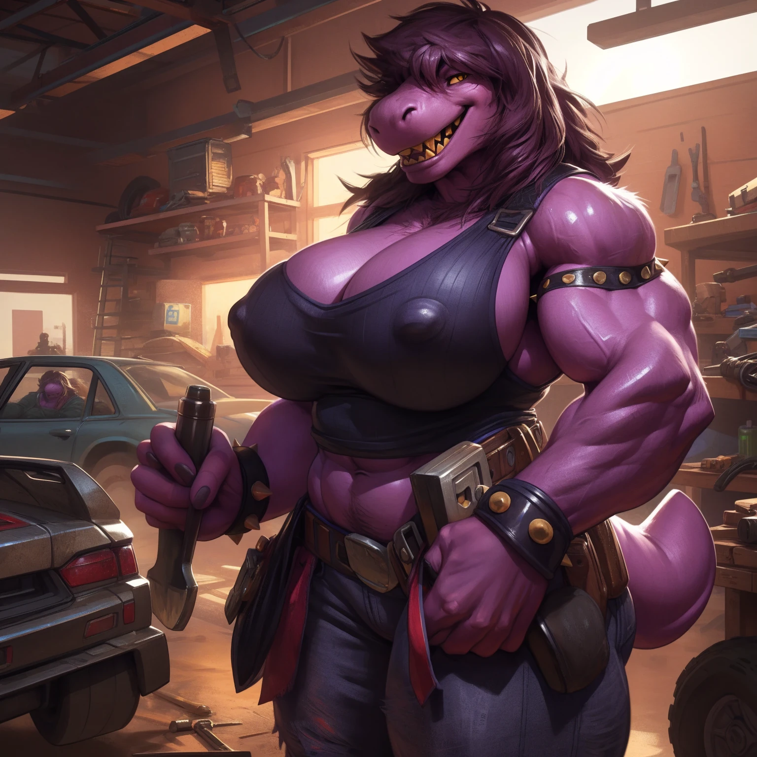 (Solo:1.2), susie deltarune, smooth skin, 1girl, (female:1.5), susie, reptilian, dark hair, messy hair, yellow eyes, muscular, chunky, stocky, thickset, (huge breasts:1.2), cleavage, broad shoulders, wide hips, huge ass, short tail, (nipple outline:0.85), thick legs, bare midriff, abs, muscular thighs, standing upright, casual posture, (laughing), hands at her sides, dirty tank top, spiked bracelets, jeans, looking at viewer, yellow teeth, uploaded to e621.net, masterpiece, 8k, realistic textures, realistic lighting, highly detailed, (tool belt:1.5), mechanic, indoors, garage, workshop, cars in background, by darkgem, by BNG,