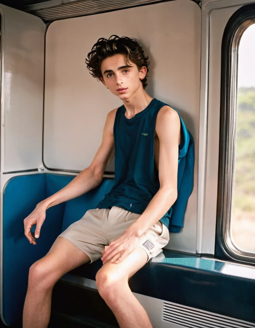 Timothée Chalamet, sweaty teen boy, in the train, in japanese train, no clothing, far from camera, whole body, braces, age 19, wavy tiktok hair, boxer, bare feet, wearing no t-shirt topless, japanese train, short fine armpit hair, flexing, veiny arms, cute, tall, lean, not muscular, wispy pubes, muscular teen boy masterpiece, high resolution, feet visible, no shoes, very dirty feet, skinny, tall, foot fetish, tall boy, teen boy, braces, best quality, sticky armpit hair, sticky, glue on floor, wet floor, sticky clothes, drops on underwear, drops on shorts, sticky on shorts, drops on floor, sweaty face, sweaty hair, Dune by Herbert, Science fiction