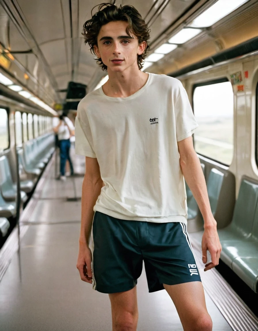 Timothée Chalamet, sweaty teen boy, in the train, in japanese train, no clothing, far from camera, whole body, braces, age 19, wavy tiktok hair, boxer, bare feet, wearing no t-shirt topless, japanese train, short fine armpit hair, flexing, veiny arms, cute, tall, lean, not muscular, wispy pubes, muscular teen boy masterpiece, high resolution, feet visible, no shoes, very dirty feet, skinny, tall, foot fetish, tall boy, teen boy, braces, best quality, sticky armpit hair, sticky, glue on floor, wet floor, sticky clothes, drops on underwear, drops on shorts, sticky on shorts, drops on floor, sweaty face, sweaty hair, Dune by Herbert, Science fiction