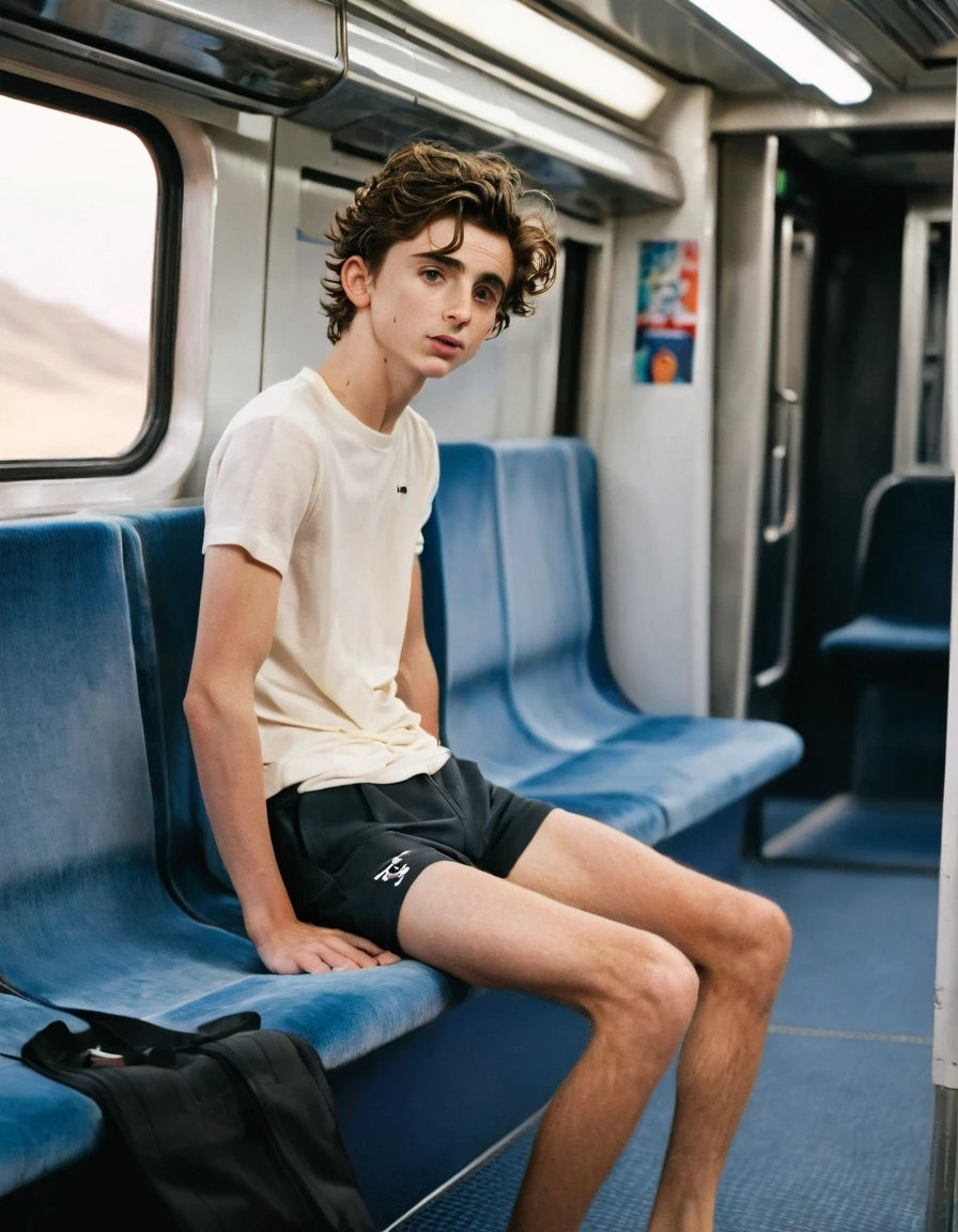 Timothée Chalamet, sweaty teen boy, in the train, in japanese train, no clothing, far from camera, whole body, braces, age 19, wavy tiktok hair, boxer, bare feet, wearing no t-shirt topless, japanese train, short fine armpit hair, flexing, veiny arms, cute, tall, lean, not muscular, wispy pubes, muscular teen boy masterpiece, high resolution, feet visible, no shoes, very dirty feet, skinny, tall, foot fetish, tall boy, teen boy, braces, best quality, sticky armpit hair, sticky, glue on floor, wet floor, sticky clothes, drops on underwear, drops on shorts, sticky on shorts, drops on floor, sweaty face, sweaty hair, Dune by Herbert, Science fiction