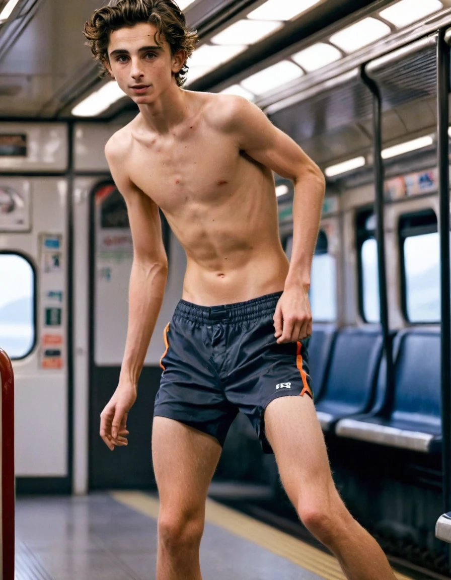 Timothée Chalamet, sweaty boy, in the train, in japanese train, no clothing, far from camera, whole body, braces, age 19, wavy tiktok hair, boxer, bare feet, wearing no t-shirt topless, japanese train, short fine armpit hair, flexing, veiny arms, cute, tall, lean, not muscular, wispy pubes, muscular teen masterpiece, high resolution, feet visible, no shoes, very dirty feet, skinny, tall, foot fetish, tall boy, teen boyaces, best quality, sticky armpit hair, sticky, glue on floor, wet floor, sticky clothes, drops on underwear, drops on shorts, sticky on shorts, drops on floor, sweaty face, sweaty hair, Dune by Herbert, Science fiction