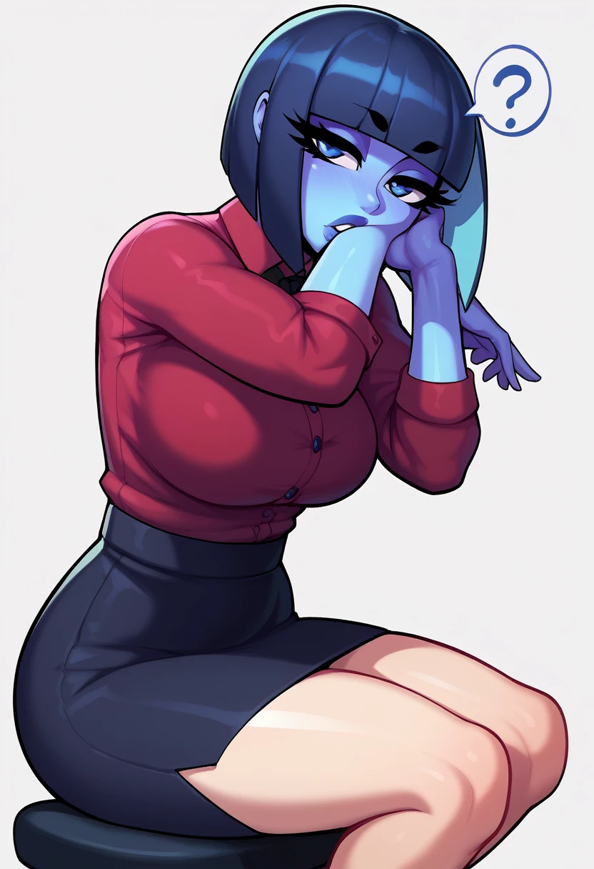 score_9, score_8_up, score_7_up, score_6_up, score_5_up, score_4_up, BREAK 1girl, light blue tentacle hair, long bob cut hair, blue skin, no irises, thick lips, long eyelashes, confused expression, sitting in a chair, blunt bangs, adult, BREAK solo, large breasts, adult, skinny, arched back, thigh gap, wearing office outfit, BREAK (office background:1.2), simple background, innocent, lovely, adorable, dynamic pose
