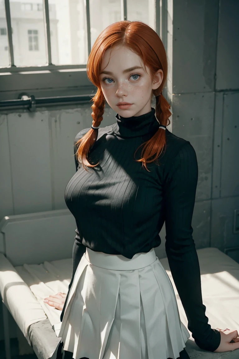 1girl, ginger, freckled face, face freckles, rosy, contemptuous look, 1 girl, solo, pigtails haircut,pale skin, (((huge bust))), stand sexy pose, beautiful, ((pleated skirt)), ((black turtleneck)), cold palette
