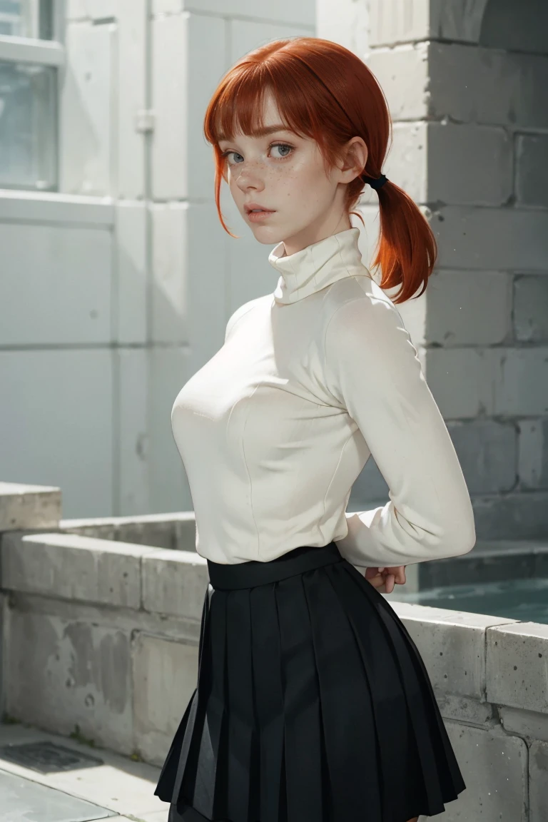 1girl, ginger, freckled face, face freckles, rosy, contemptuous look, 1 girl, solo, pigtails haircut,pale skin, (((huge bust))), stand sexy pose, beautiful, ((pleated skirt)), ((black turtleneck)), cold palette
