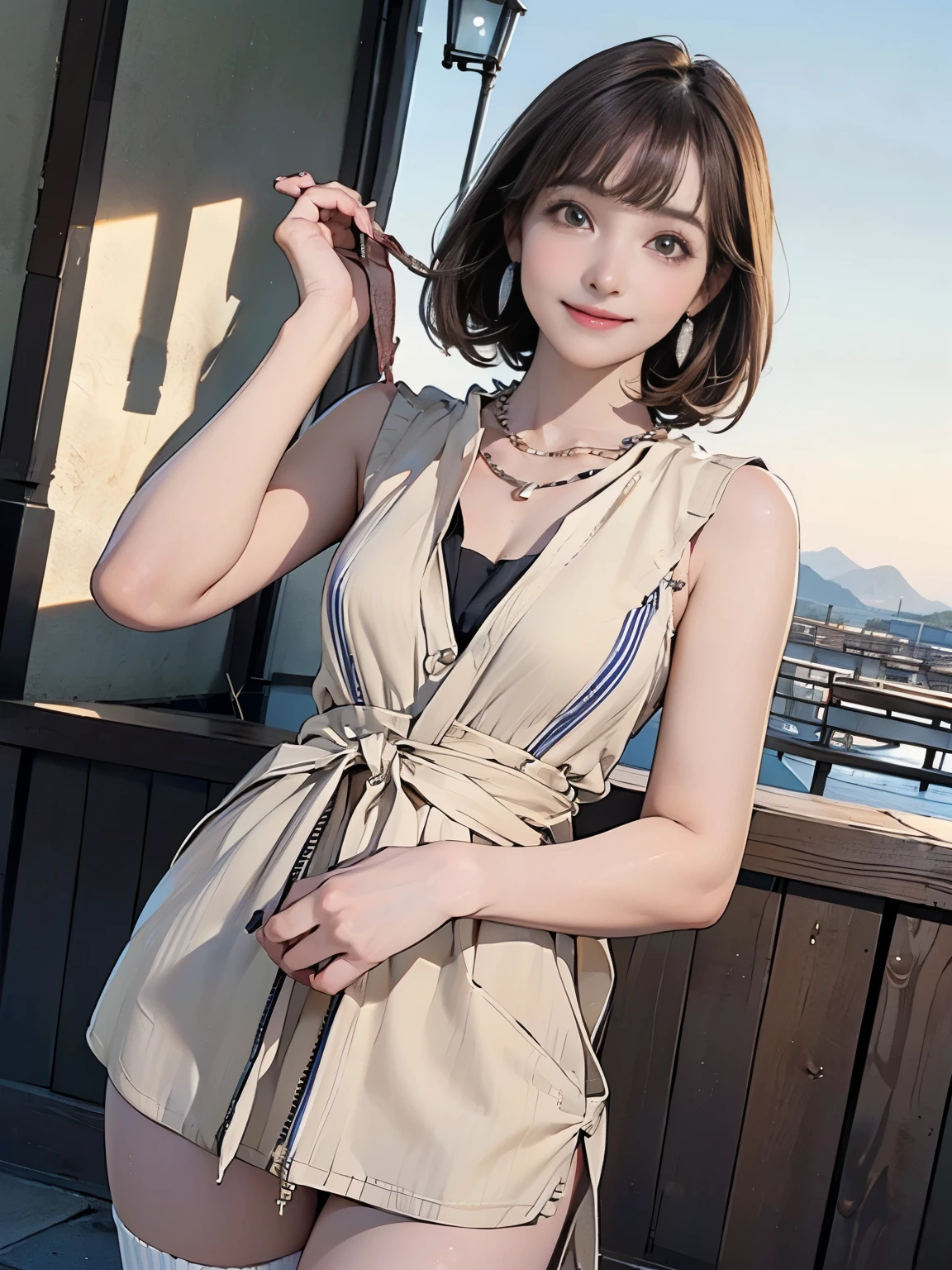 ((((highest quality))))、(((Ultra-precision CG16K wallpaper)))、(((masterpiece)))、(((Super detailed)))、(((Extreme detail)))、((1Mature 29 year old woman:1.6))、((Very beautiful Japan face of a person))、((Urizane Face:1.6))、((Short bob straight hair、blunt bangs:1.3))、(Shiny brown hair)、A delicately drawn beautiful face、eyeliner、Eyeshadow、High nose、Small nostrils、Small Mouth、Seductive lips、Beautiful breasts、((C cup size breasts))、Cleavage、Beautiful feet、eight-headed body、Perfect proportions、Perfect Anatomy、Perfect composition、Beautiful detailed shading、Beautiful, natural lighting、Beautiful detail glow、Depth of written boundary、(((High chroma)))、(((Real:1.9)))、((vivid:1.5))、((Beautiful Skin))、((Skin Texture))、((Realな皮膚感))、(((Cowboy Shot:1.6)))、((front view、shoot from front、front low angle:1.6))、(((smile:1.7)))、((The woman is looking at this、looking at viewer:1.6))、Bright daylight、Natural light、(((Ocean、Mountain、null:1.5)))、(((White and beige striped sleeveless mini dress with drawstring waist:1.6)))、((necklace、Wearing earrings:1.5))、((Knee socks clothing:1.3))、