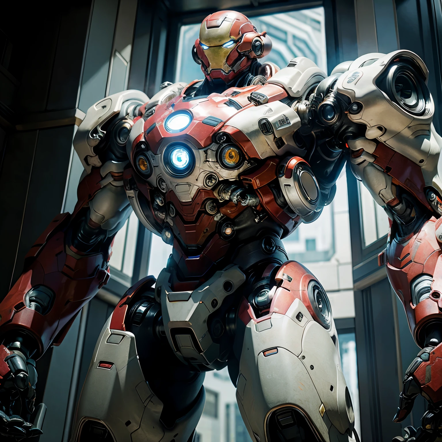 Pacific Rim, Kaiju Invasion Alert, like marvels ironman with white armor, Mobilized Global Defense Forces, tecnologia futurista, estilo fotorrealista, capturado com uma Fujifilm X-T20 e uma lente de 35mm, bright emergency lights, ambiente da base militar.