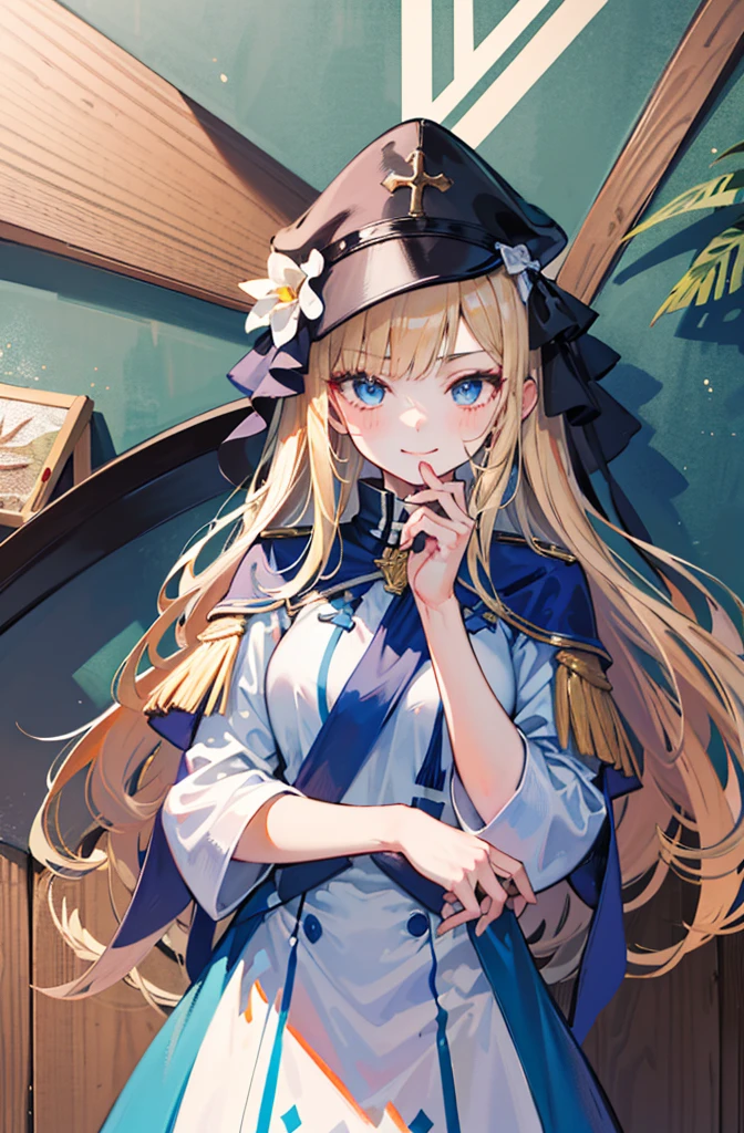 (Standing painting: 1.2) + (1girl:1.5)+ golden hair + princess cut + white knight uniform + detailed eyes and nose + deep blue eyes + white battle uniform + domineering, masterpiece, best quality,evil smile,holy,((the wood background)),