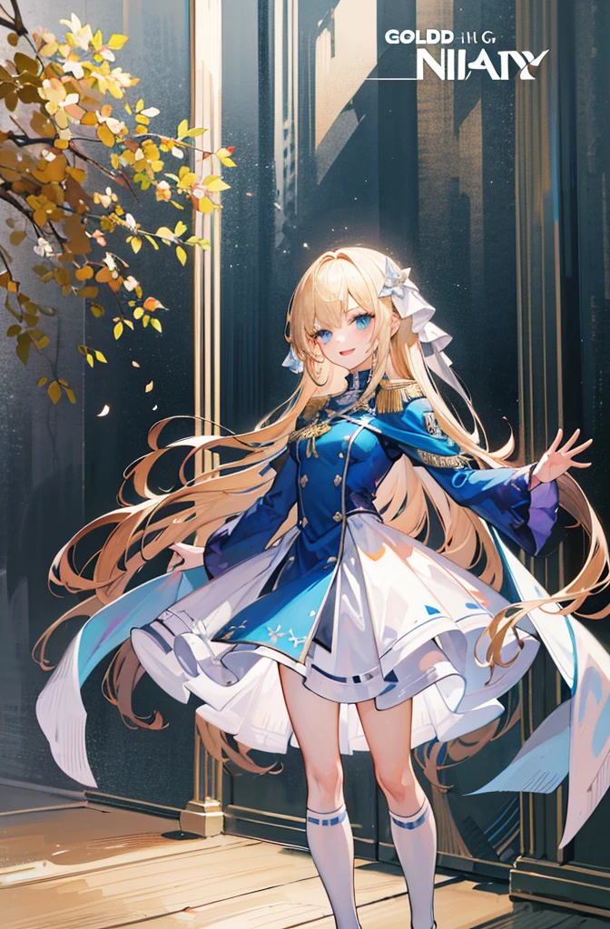 (Standing painting: 1.2) + (1girl:1.5)+ golden hair + princess cut + white knight uniform + detailed eyes and nose + deep blue eyes + white battle uniform + domineering, masterpiece, best quality,evil smile,holy,((the wood background)),