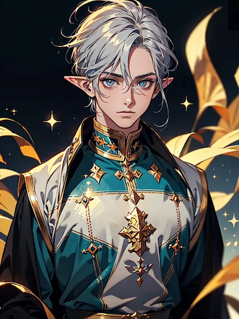 Elf Man, Guy with Gray hair, male, blue eyes, sparkling eyes, standing, medieval dress looking at viewer, digital art, masterpiece, sharp, black background, close look, no background, portrait,