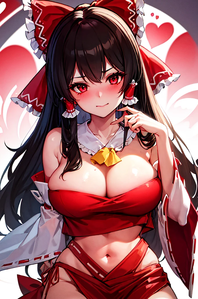 gorgoeous woman, hakurei reimu, teasing look, looking at viewer, blushing face, heart in eyes, high quality, 4k, well detailed, perfect body, beautifull face, suggestiv pose