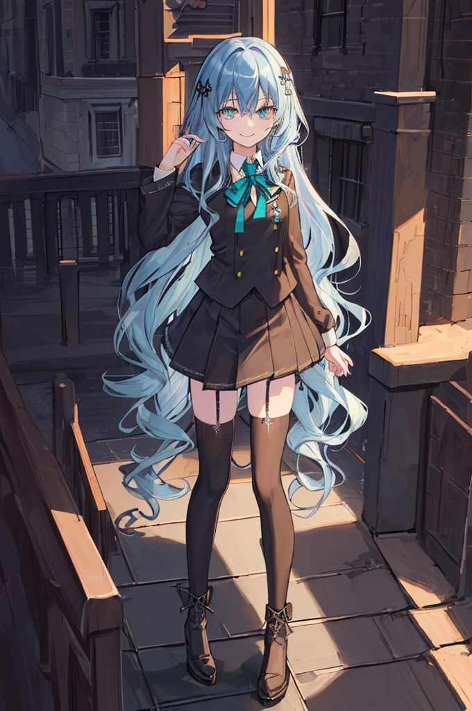city background,original,(illustration:1.1),(best quality),(masterpiece:1.1),(extremely detailed CG unity 8k wallpaper:1.1), (colorful:0.9),(mid shot:0.95),(highly detailed beautiful face and body),(solo:1.2), (girl),(((adult))), (detailed beautiful eyes:1.15), (beautiful face:1.15), (glowing green eyes:1.25////),((jewel-like eyes)),(petite),(cute girl),(((blue long hair))),((blue long hair)),(wavy hair),((wavy hair)),(+perfect hand+:1.21),(gothic school uniform),(Religious),(slender),(black clothes),(gothic ribbon),ribbon tie,small breasts,miniskirt,gothic boots,black thighhighs,slim body,(evil smile),detailed background,city street,eluding,erotic thighs,
