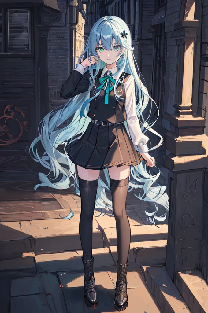 city background,original,(illustration:1.1),(best quality),(masterpiece:1.1),(extremely detailed CG unity 8k wallpaper:1.1), (colorful:0.9),(mid shot:0.95),(highly detailed beautiful face and body),(solo:1.2), (girl),(((adult))), (detailed beautiful eyes:1.15), (beautiful face:1.15), (glowing green eyes:1.25////),((jewel-like eyes)),(petite),(cute girl),(((blue long hair))),((blue long hair)),(wavy hair),((wavy hair)),(+perfect hand+:1.21),(gothic school uniform),(Religious),(slender),(black clothes),(gothic ribbon),ribbon tie,small breasts,miniskirt,gothic boots,black thighhighs,slim body,(evil smile),detailed background,city street,eluding,erotic thighs,