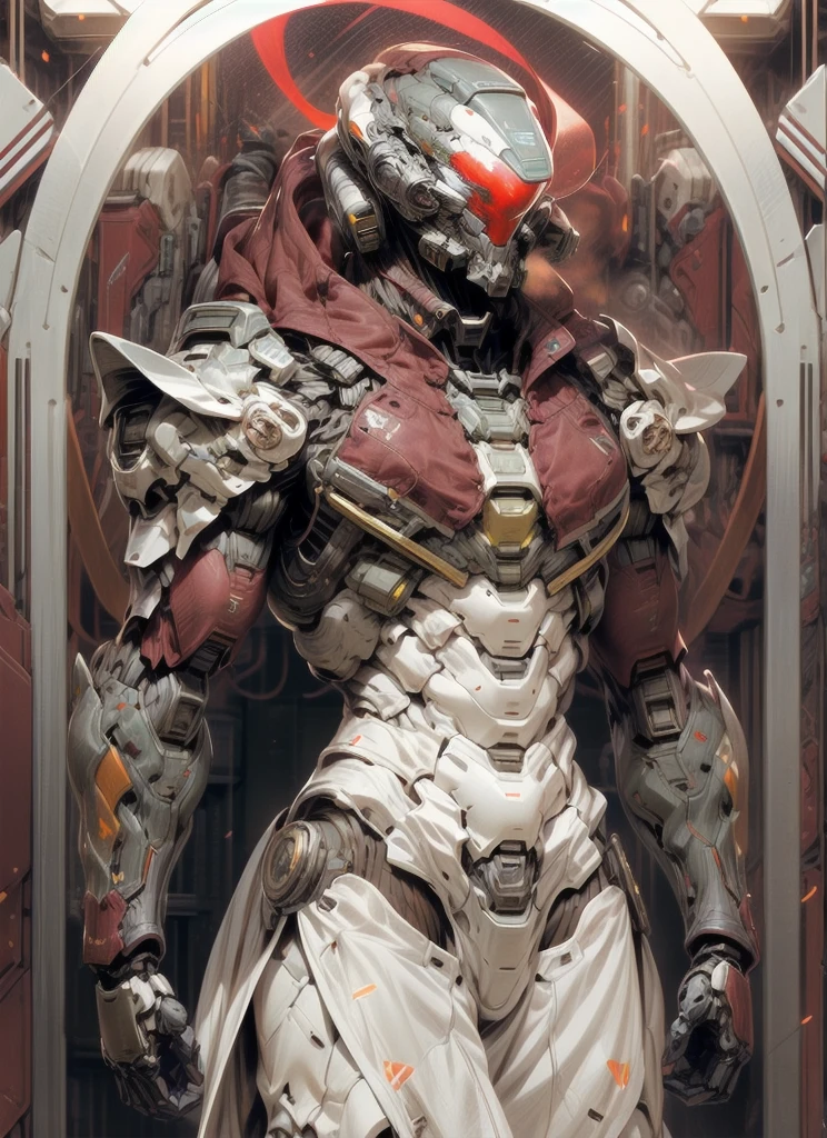 (((An epic and visually stunning digital anime masterpiece featuring a sylphlike masculine ((male:1.5)) decorated military dieselpunk cyborg soldier clad in a sleek yet tactical armored yet decorated leather military trench coat:1.2))), (((flat masculine male chest:1.5, mechanical full head helmet, mecha helmet with a narrow visor:1.5))), (((the character adorned in a (scifi tactical armored open front trench coat with a built in exoskeleton) (over a form fitted armor plated yet super sleek and revealing under suit with waist cut outs), the armor plating on the upper arms and shoulders beautifully engraved))):1.4. The image showcases the intricacies of the character’s armor and clothing:1.5, ((capturing their flamboyant essence and heavy mecha aesthetic:1.2)). The character also possesses an androgynous charm, (((with slim yet heavily muscled physique:1.2, sylphlike with a sleek waist, toned yet beautifully sleek cybernetic arms:1.3, mechanical arms and legs:1.3, mecha muscles:1.3))), looking at viewer, (((brass metal armor and brown leather, dieselpunk:1.3))), (((depth of field, cinematic lighting, chromatic aberration, ray tracing, UHD, masterpiece, top of head covered, super detail, high details, high quality, award winning, 8k, highres, halo)))
