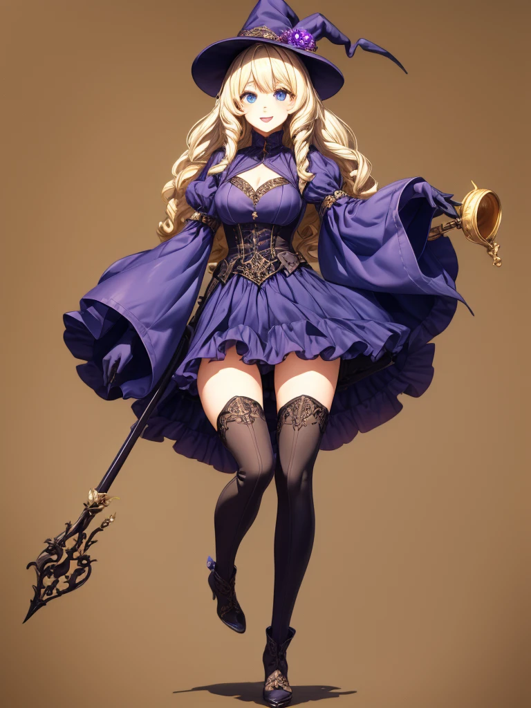 masterpiece, best quality, 1girl, solo, hat, blonde-hair, drill-hair, gloves, breasts, blue-eyes, witch-hat, thigh-boots, thighhighs, boots, elbow-gloves, open-mouth, staff, purple-headwear, smile, dress, full-body, simple-background, cleavage, large-breasts, looking-at-viewer, purple-dress, very-long-hair, purple-gloves, holding, purple-footwear, wand standing-on-one-leg, twin-drills, holding-staff, witch, black-footwear, puffy-sleeves