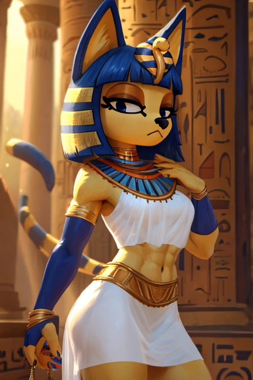 ((best quality)), ((masterpiece)), ((detailed)), ((furry)), trending on artstation, furry style, anthro style, a digital sideview artwork of a sexy ankha with abs wearing a crop top of her sleeveless white dress with very long white dress skirt, a bare midriff, a bare navel, and an exposed belly button, Egyptian setting, smug face, blue Egyptian blue handbands