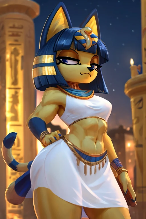 ((best quality)), ((masterpiece)), ((detailed)), ((furry)), trending on artstation, furry style, anthro style, a digital sideview artwork of a sexy ankha with abs wearing a crop top of her sleeveless white dress with very long white dress skirt, a bare midriff, a bare navel, and an exposed belly button, Egyptian setting, smug face, blue Egyptian blue handbands