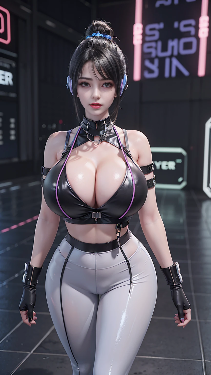 Solo, physically-based rendering, (muscular body shape),(huge fake breast:1.5), street city, slim waist, 11 line abs, big Hips, skintight leggings, (wearing cleavage Cyber Punk crop top, guard arm, glove:1.5), wet sweaty skin, clean skin, beauty model, 4K Resolution.