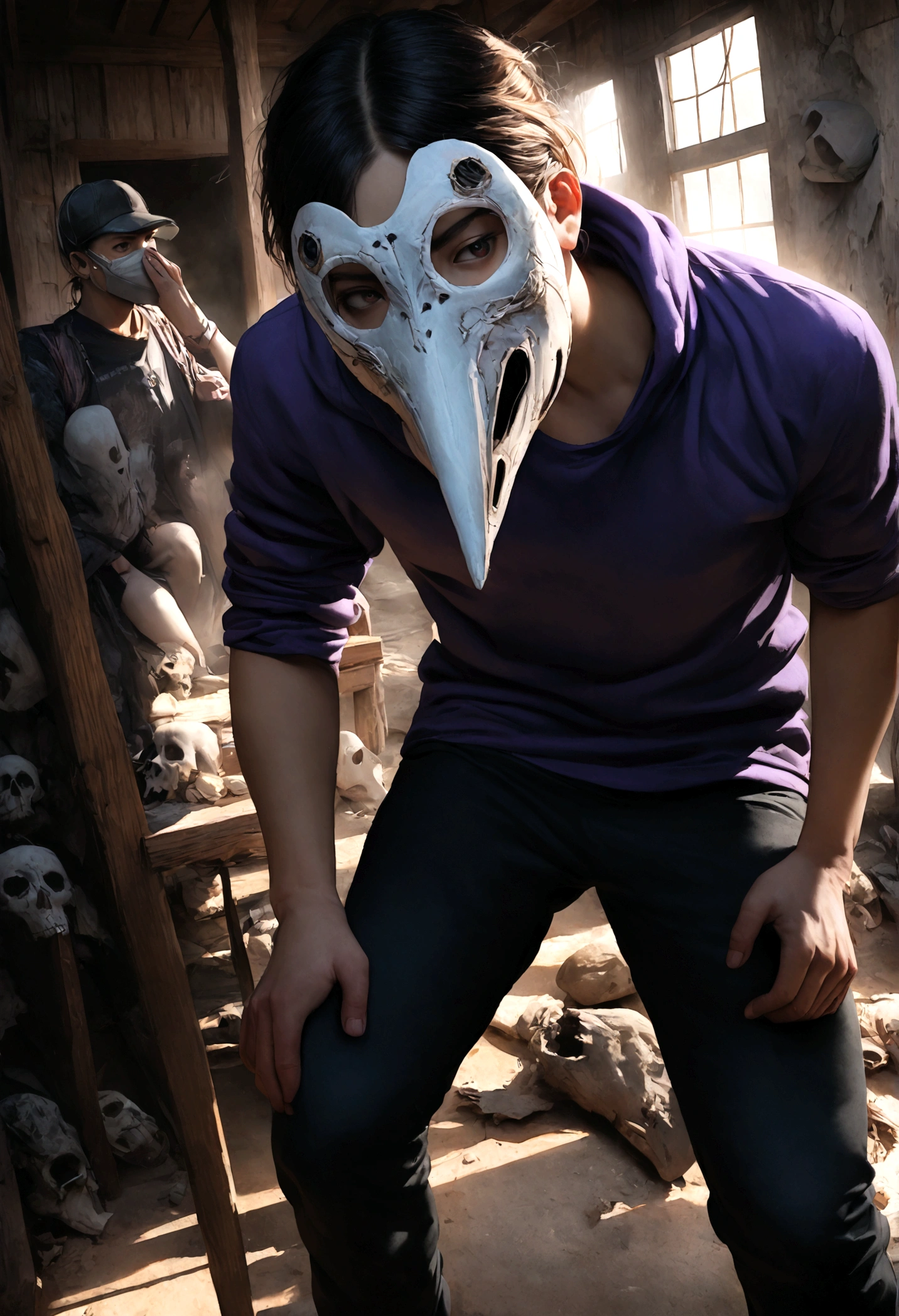 a young man with white skin, middle parted black hair, wearing a black t-shirt, purple hoodie, black pants, and black and white sneakers, detailed facial features, realistic, photorealistic, high quality, 8k, masterpiece, ultra-detailed, physically-based rendering, vivid colors, dramatic lighting barn owl mask, owl mask, bird mask, broken mask, wearing barn owl mask, ( ( mask ) ), ghost mask, ((skull)), masked, raven mask, the masks come off at night, the mask is broken, plague mask, plague doctor mask, skull mask, mask
