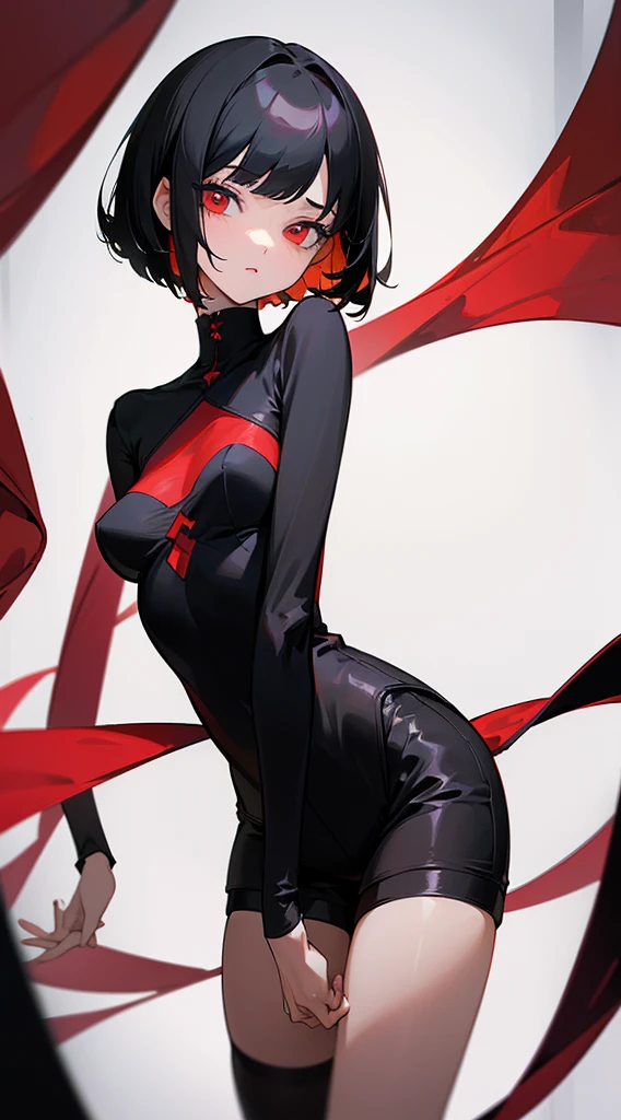 ((Best Quality)), ((Masterpiece)), (Detailed), Girl with short black hair, with straight bangs, red eyes, the pupils of his eyes look at you strongly, tall and slender, very beautiful and feminine features, with loose black clothing, wearing shorts with long black stockings, short hair, nice breasts