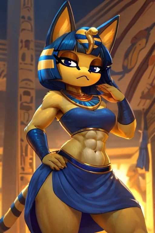 ((best quality)), ((masterpiece)), ((detailed)), ((furry)), trending on artstation, furry style, anthro style, a digital sideview artwork of a sexy ankha with abs wearing a crop top of her sleeveless white dress with very long white dress skirt, a bare midriff, a bare navel, and an exposed belly button, Egyptian setting, smug face, blue Egyptian blue handbands, she fingers her sexy navel