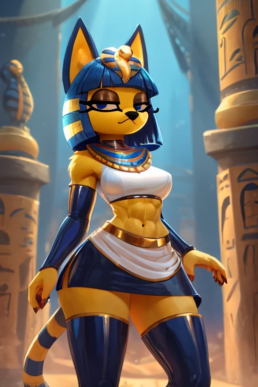 ((best quality)), ((masterpiece)), ((detailed)), ((furry)), trending on artstation, furry style, anthro style, a digital sideview artwork of a sexy ankha with abs wearing a crop top of her sleeveless white dress with very long white dress skirt, a bare midriff, a bare navel, and an exposed belly button, Egyptian setting, smug face, blue Egyptian blue handbands, she fingers her sexy navel